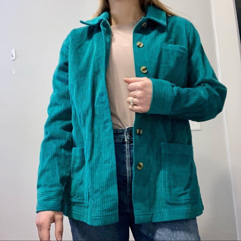 Vintage Corduroy Appleseeds 100% Cotton Ribbed Teal Green Shacket Size Small